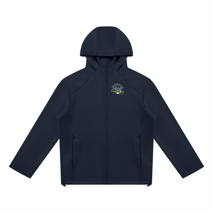 We Move Dallas Full Zip Hoodie — navy heavyweight brushed fleece with full metal zip, DAL transit badge printed on left chest and full back, featuring the Dallas skyline, DART train, and bus.