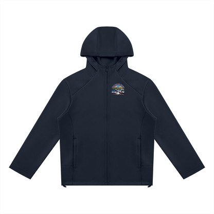 We Move New Jersey Full Zip Hoodie — navy heavyweight brushed fleece with full metal zip, NJ transit badge printed on left chest and full back, featuring the Newark skyline, bridge, bus, and commuter train.