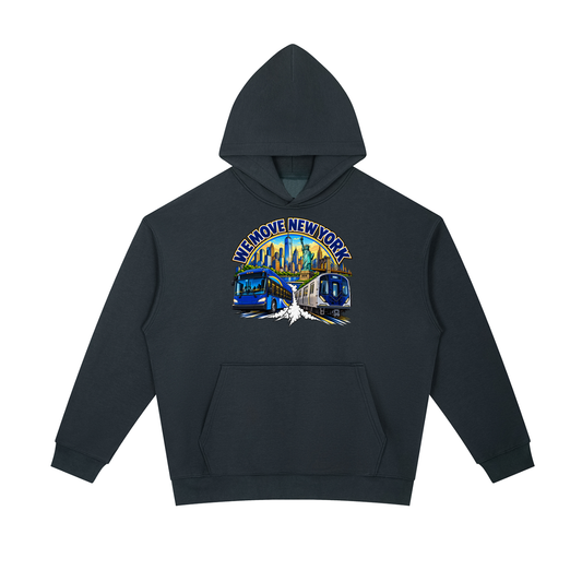 We Move New York Pullover Hoodie — navy heavyweight brushed fleece with the NY transit badge printed on left chest and full back, featuring the Manhattan skyline, Statue of Liberty, bus, and subway train.
