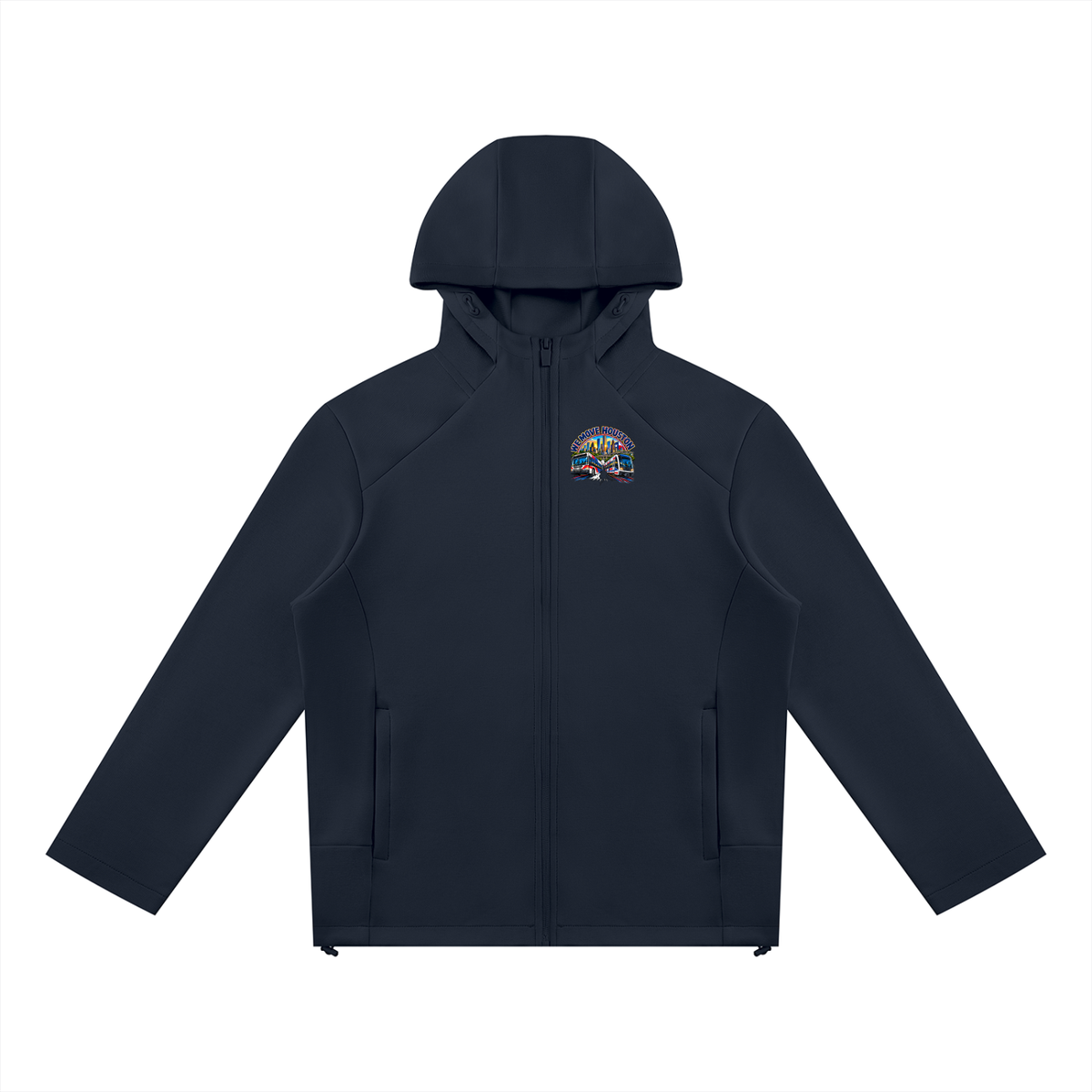 We Move Houston Full Zip Hoodie — navy heavyweight brushed fleece with full metal zip, HOU transit badge printed on left chest and full back, featuring the Houston skyline, METRORail, and bus.