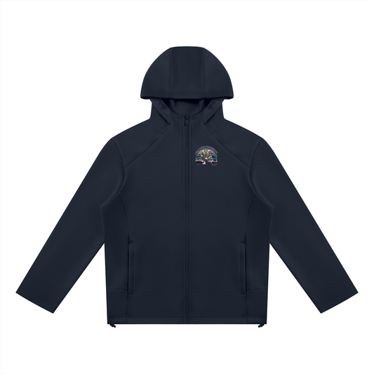 We Move Houston Full Zip Hoodie — navy heavyweight brushed fleece with full metal zip, HOU transit badge printed on left chest and full back, featuring the Houston skyline, METRORail, and bus.