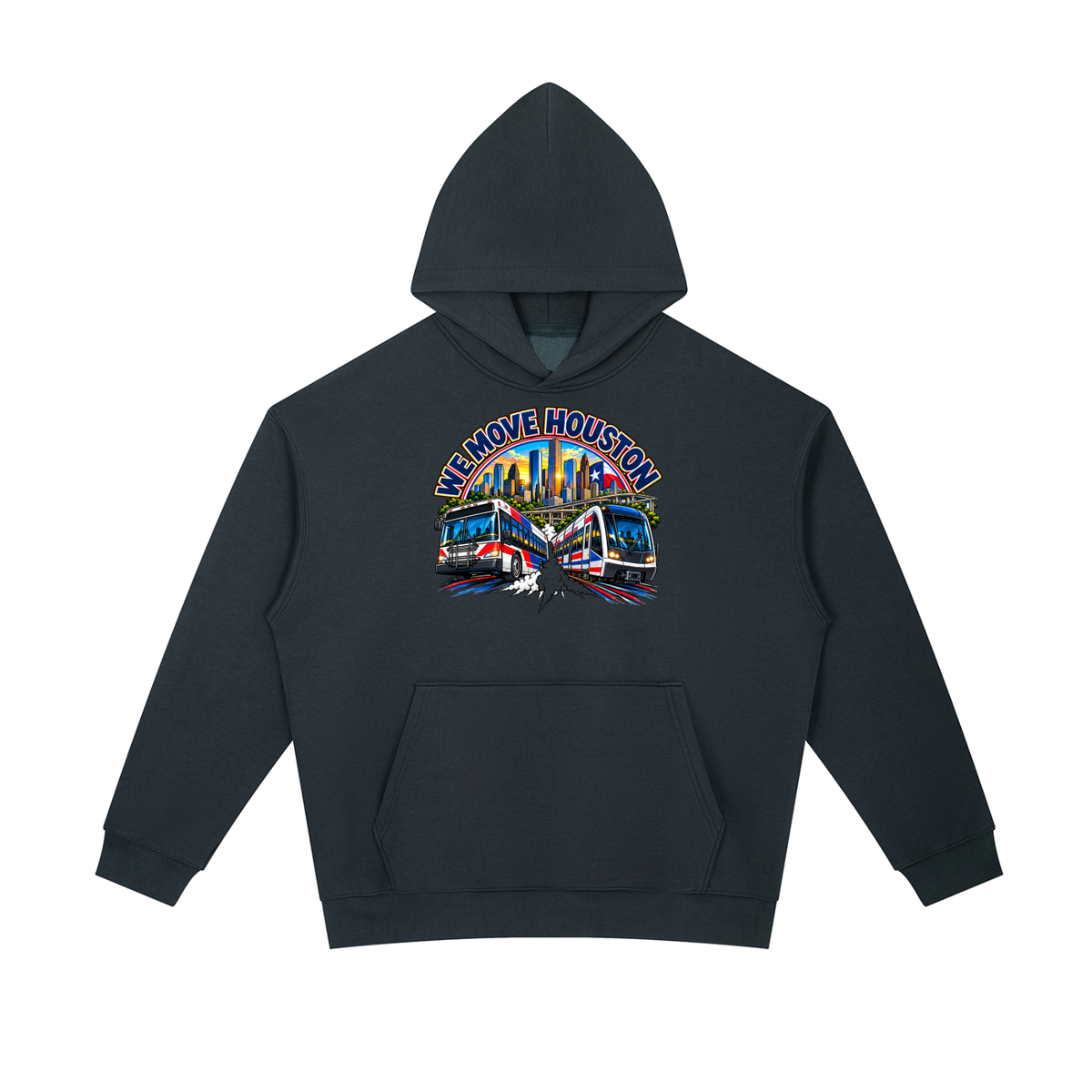 We Move Houston Pullover Hoodie — navy heavyweight brushed fleece with the HOU transit badge printed on left chest and full back, featuring the Houston skyline, METRORail, and bus.