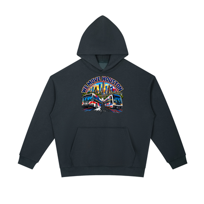 We Move Houston Pullover Hoodie — navy heavyweight brushed fleece with the HOU transit badge printed on left chest and full back, featuring the Houston skyline, METRORail, and bus.