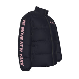 No Hood NYCT Puffer Coat (pink text)