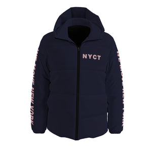 Hooded NYCT Puffer Coat (pink text)