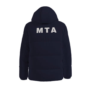 Hooded MTA Puffer Coat (white text)