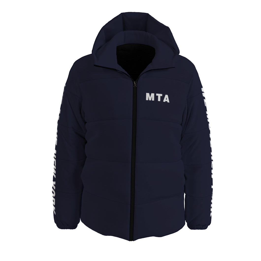 Hooded MTA Puffer Coat (white text)