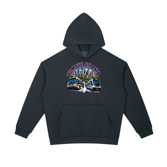 We Move Atlanta Pullover Hoodie — navy heavyweight brushed fleece with the ATL transit badge printed on left chest and full back, featuring the Atlanta skyline, MARTA train, and bus.