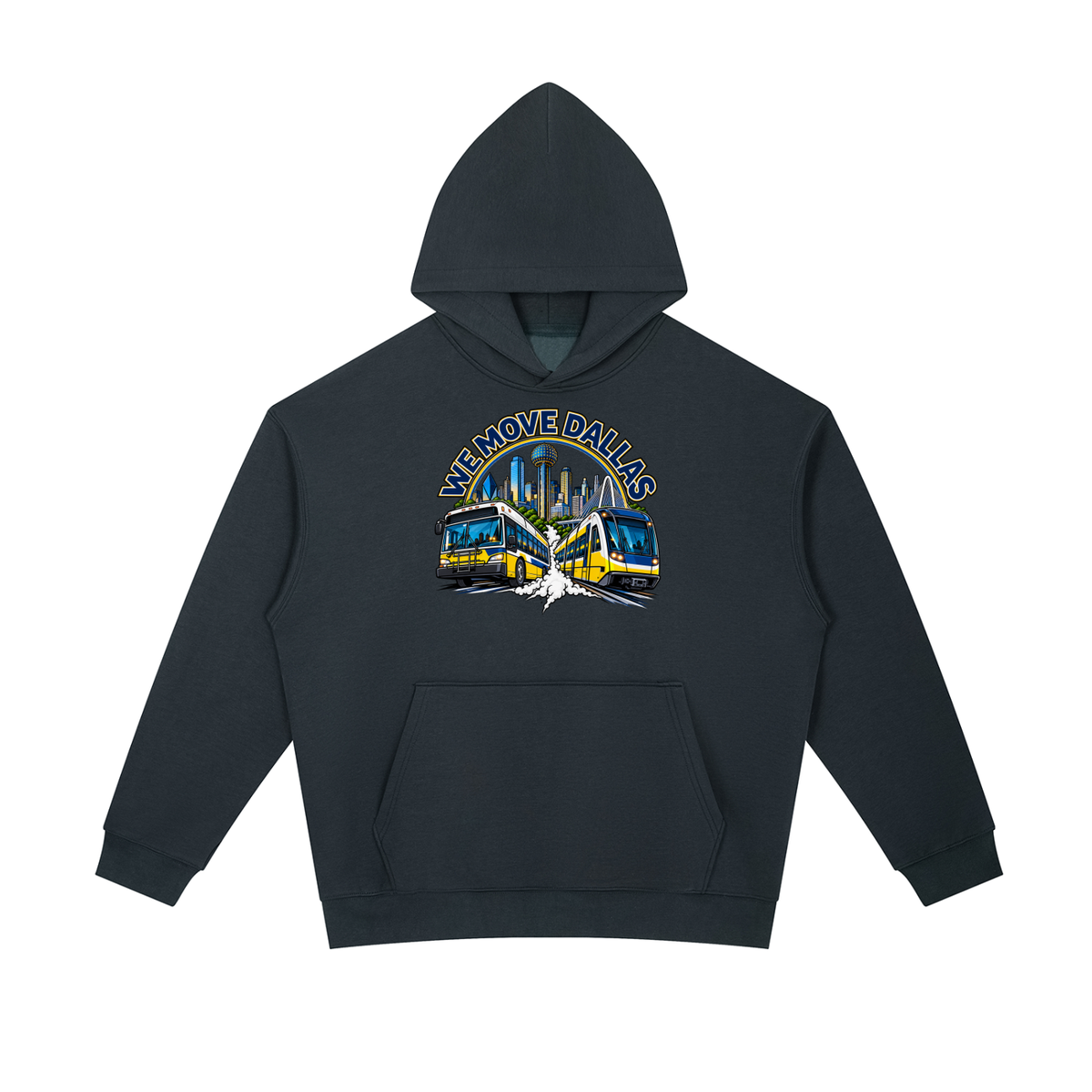 We Move Dallas Pullover Hoodie — navy heavyweight brushed fleece with the DAL transit badge printed on left chest and full back, featuring the Dallas skyline, DART train, and bus.