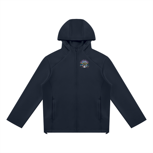 We Move Atlanta Full Zip Hoodie — navy heavyweight brushed fleece with full metal zip, ATL transit badge printed on left chest and full back, featuring the Atlanta skyline, MARTA train, and bus.