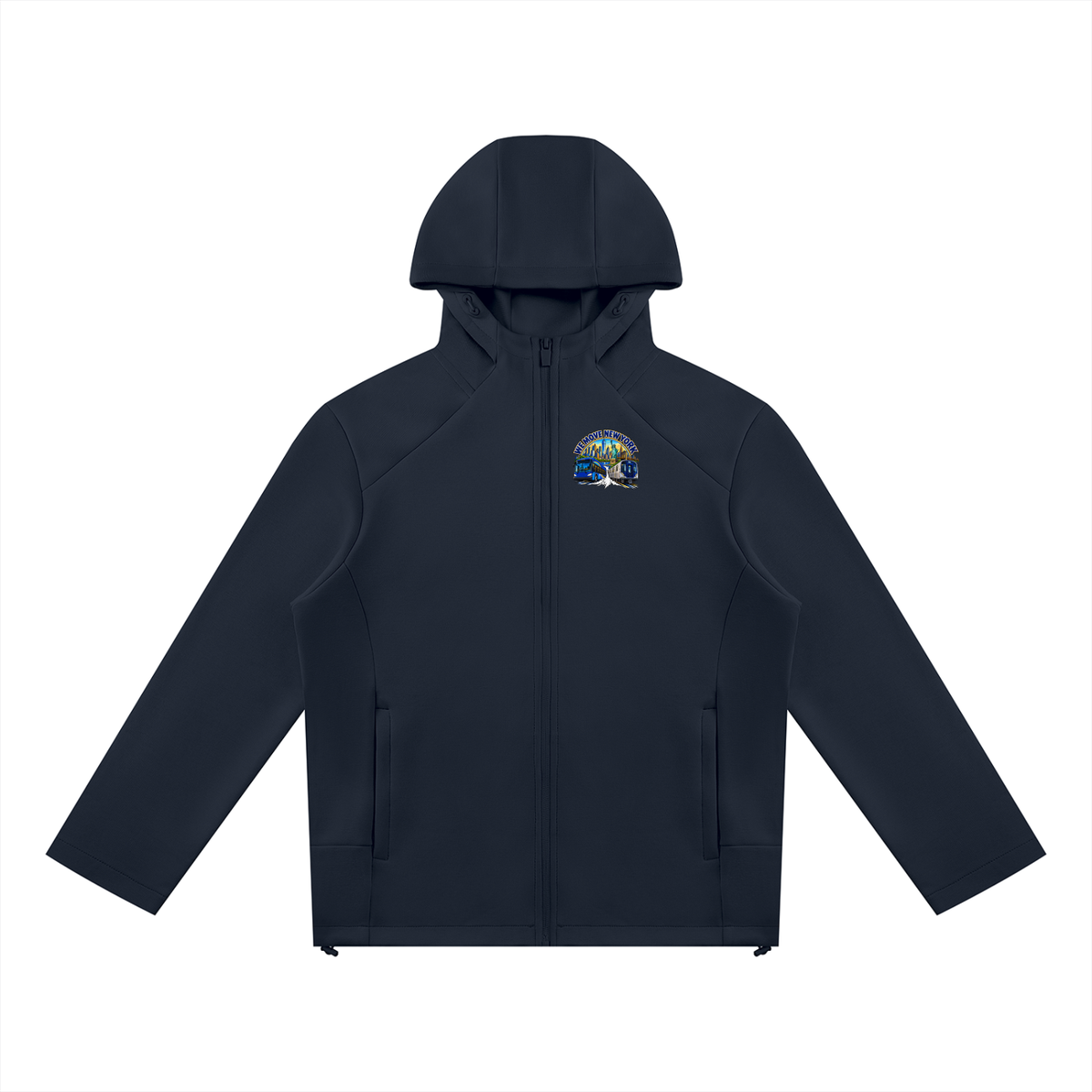 We Move New York Full Zip Hoodie — navy heavyweight brushed fleece with full metal zip, NY transit badge printed on left chest and full back, featuring the Manhattan skyline, Statue of Liberty, bus, and subway train.