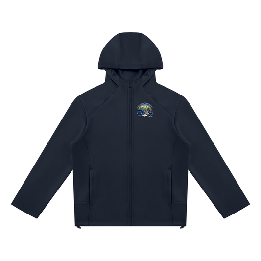 We Move New York Full Zip Hoodie — navy heavyweight brushed fleece with full metal zip, NY transit badge printed on left chest and full back, featuring the Manhattan skyline, Statue of Liberty, bus, and subway train.