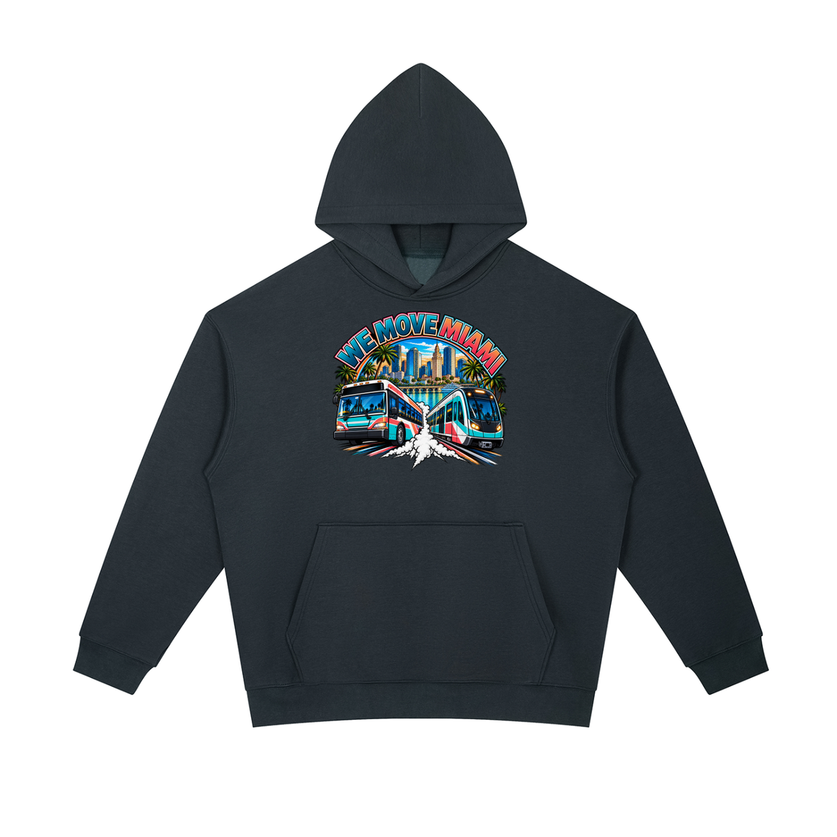 We Move Miami Pullover Hoodie — navy heavyweight brushed fleece with the MIA transit badge printed on left chest and full back, featuring the Miami skyline, Metromover, and bus.