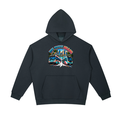 We Move Miami Pullover Hoodie — navy heavyweight brushed fleece with the MIA transit badge printed on left chest and full back, featuring the Miami skyline, Metromover, and bus.