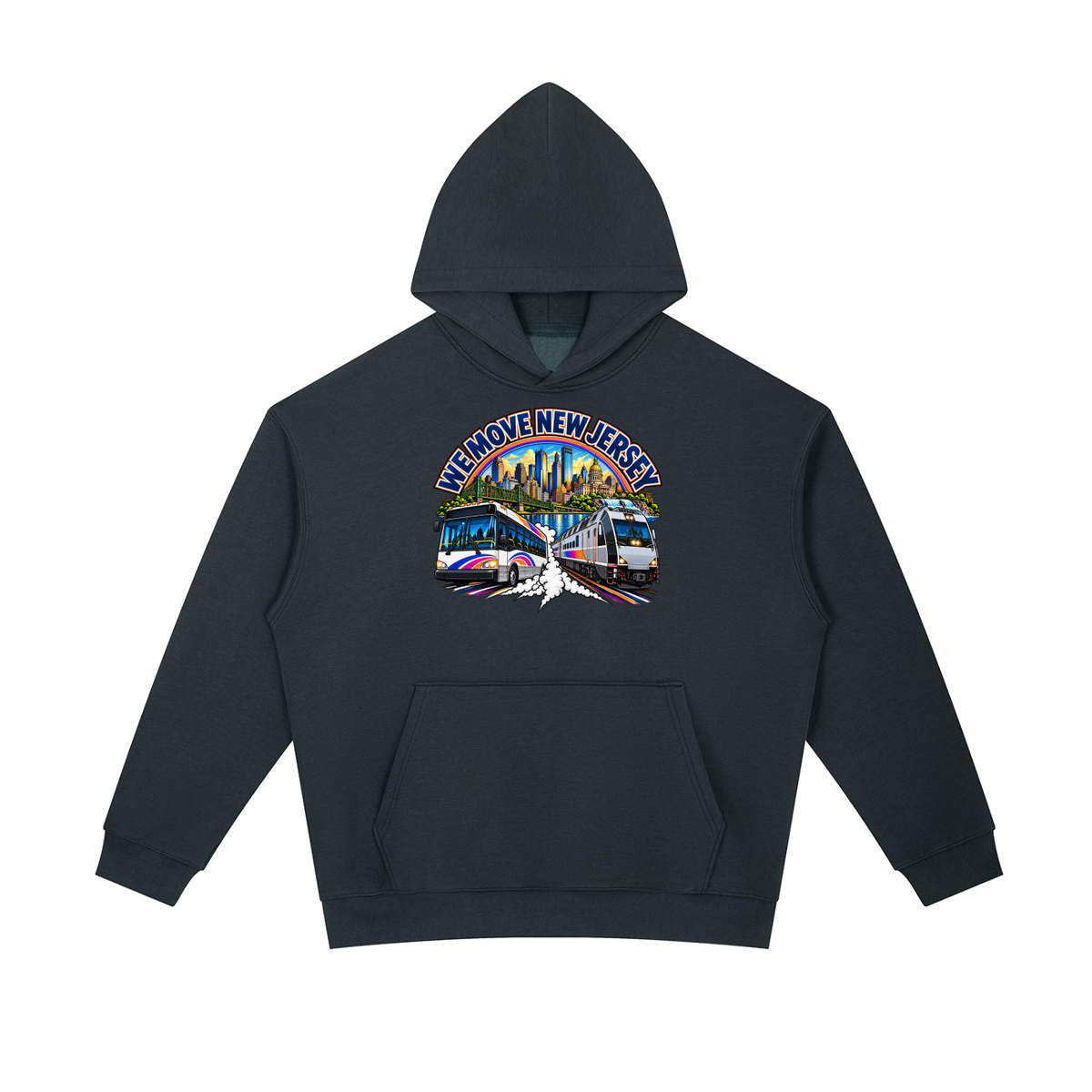 We Move New Jersey Pullover Hoodie — navy heavyweight brushed fleece with the NJ transit badge printed on left chest and full back, featuring the Newark skyline, bridge, bus, and commuter train.