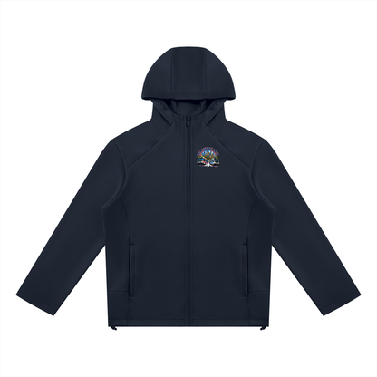 We Move DC Full Zip Hoodie — navy heavyweight brushed fleece with full metal zip, DC transit badge printed on left chest and full back, featuring the Washington skyline, Metro train, and bus.