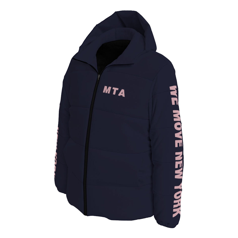 Hooded MTA Puffer Coat (pink text)